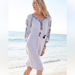 J Jill size M cotton peasant floral embroidered pinstripe midi dress